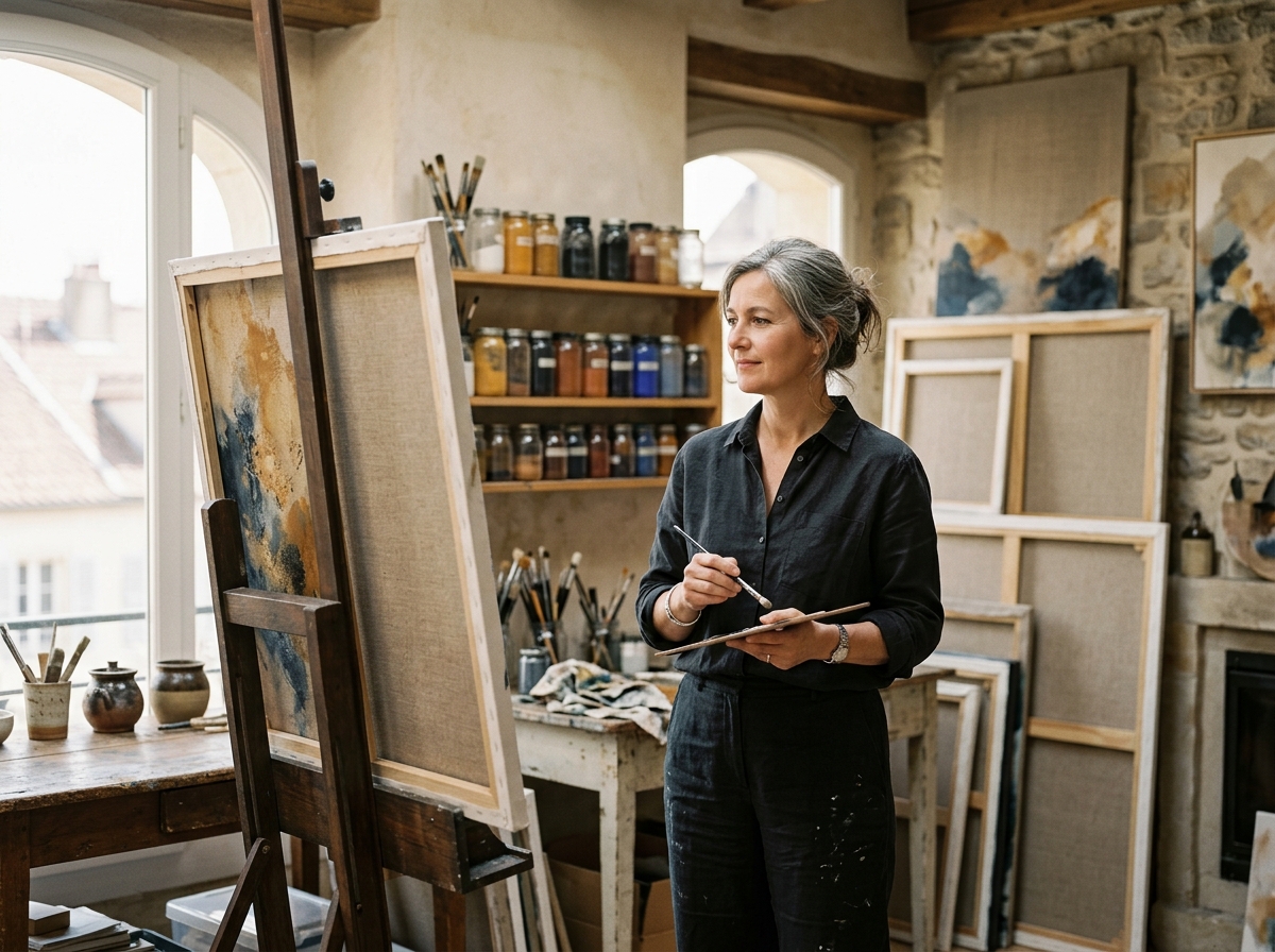 Zeitgenössische Künstlerin Christine Müller in ihrem Berliner Atelier